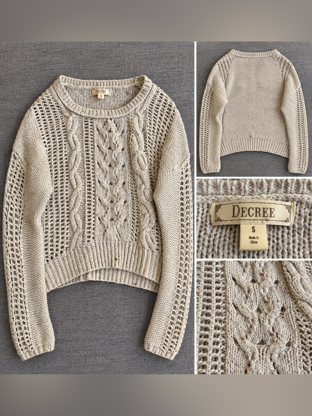 Decree Cream Openwork Cable-Knit Cropped Sweater